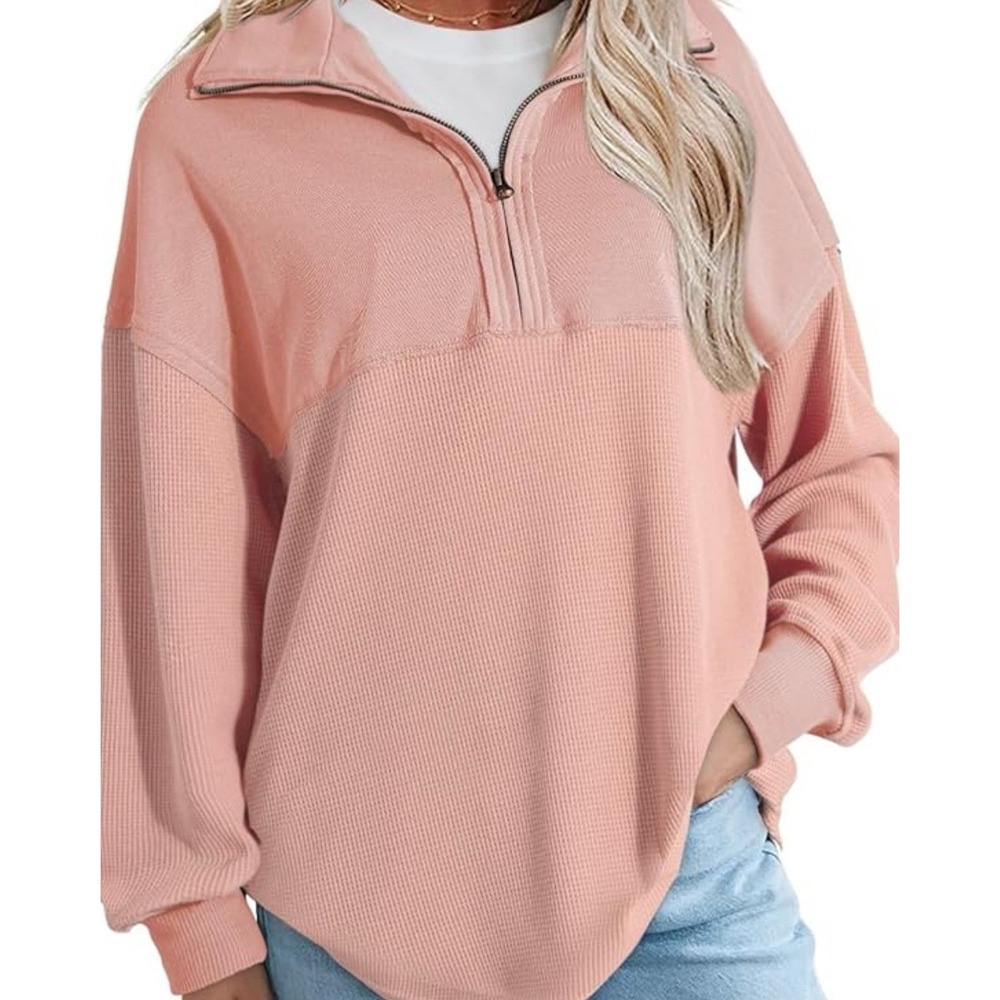 Shewin Women's Waffle Knit Pullover 3X Pink Half Zip Cozy Casual Lounge Plus - Picture 4 of 4